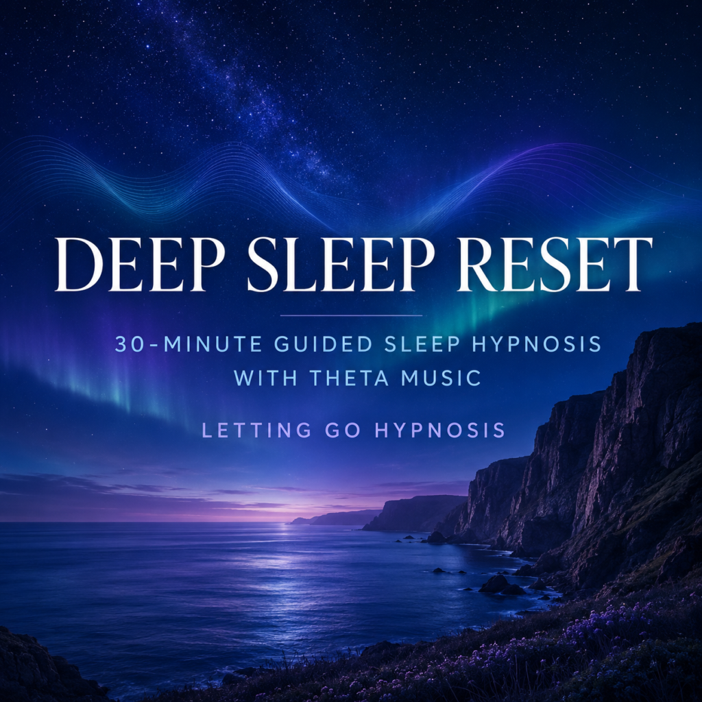 Deep Sleep Reset guided sleep hypnosis artwork under a star-filled night sky