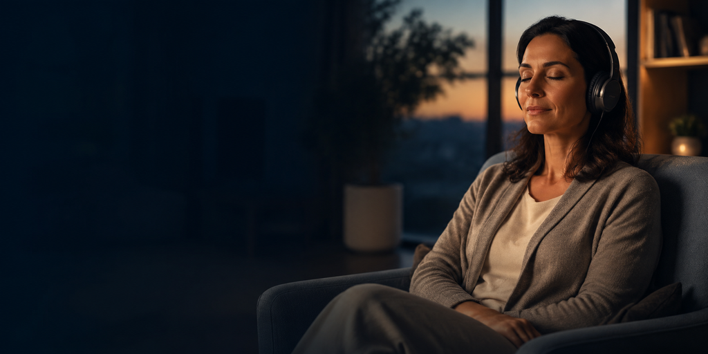 Woman relaxing with headphones while listening to a hypnosis recording