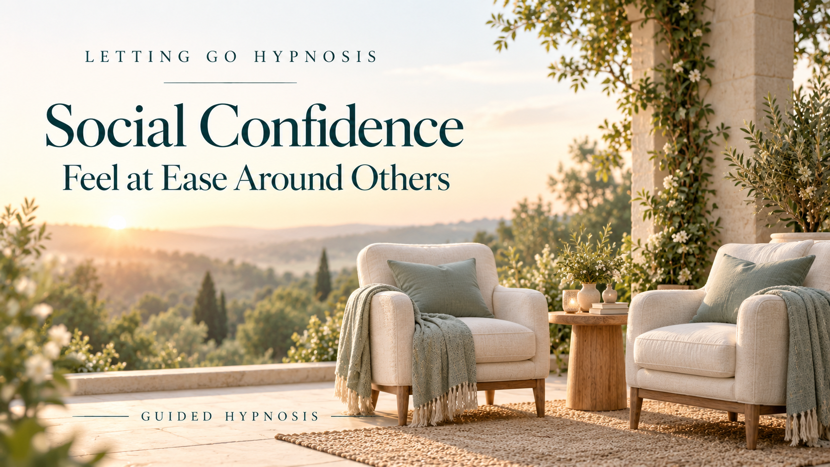 Social Confidence hypnosis cover showing two comfortable chairs on a peaceful veranda at sunset.