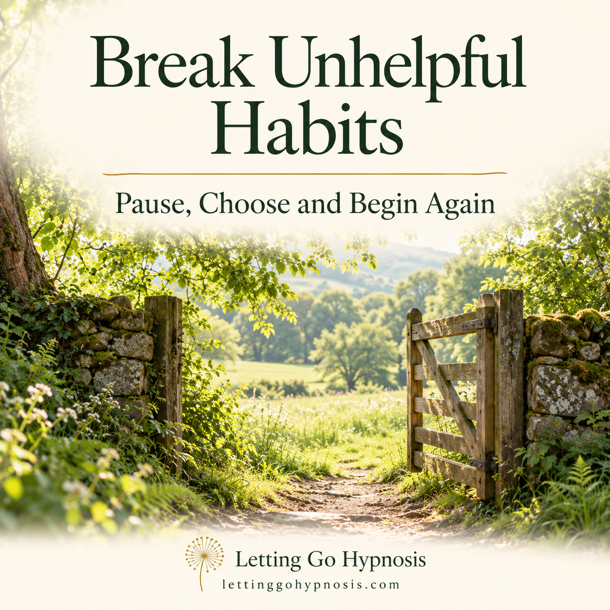 Break Unhelpful Habits hypnosis cover showing an open wooden gate leading into a sunlit meadow, with subtle dandelion branding.
