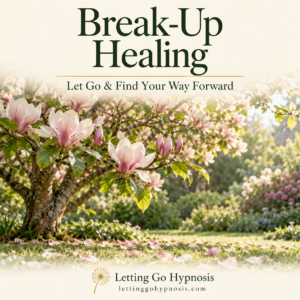 Break-Up Healing hypnosis cover with pale pink magnolia blossoms after rain and subtle dandelion branding.