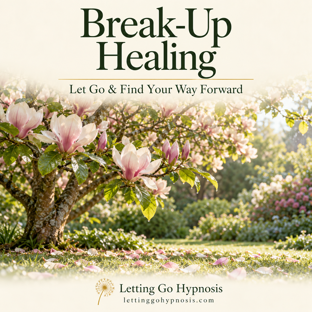 Break-Up Healing hypnosis cover with pale pink magnolia blossoms after rain and subtle dandelion branding.