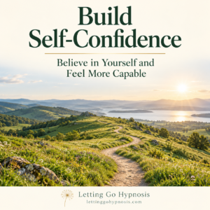 Build Self-Confidence hypnosis cover showing a winding hillside path overlooking a calm lake, with subtle dandelion branding.