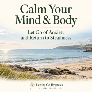 Calm Your Mind and Body hypnosis cover with a peaceful coastal bay, gentle waves and subtle dandelion branding.