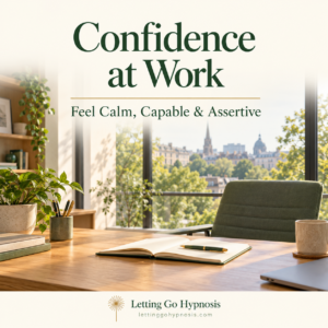 Confidence at Work hypnosis cover showing a sunlit workspace with an oak desk, notebook and sage chair, with subtle dandelion branding.