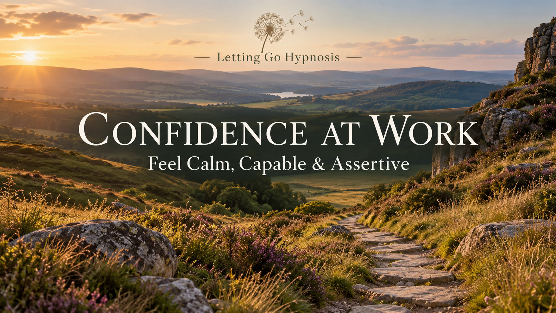 Confidence at Work — Feel Calm, Capable and Assertive, with a sunlit hillside and dandelion emblem
