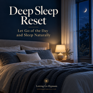 Deep Sleep Reset hypnosis cover showing a restful bedroom with warm lamplight, blue linen and a crescent moon, with subtle dandelion branding.