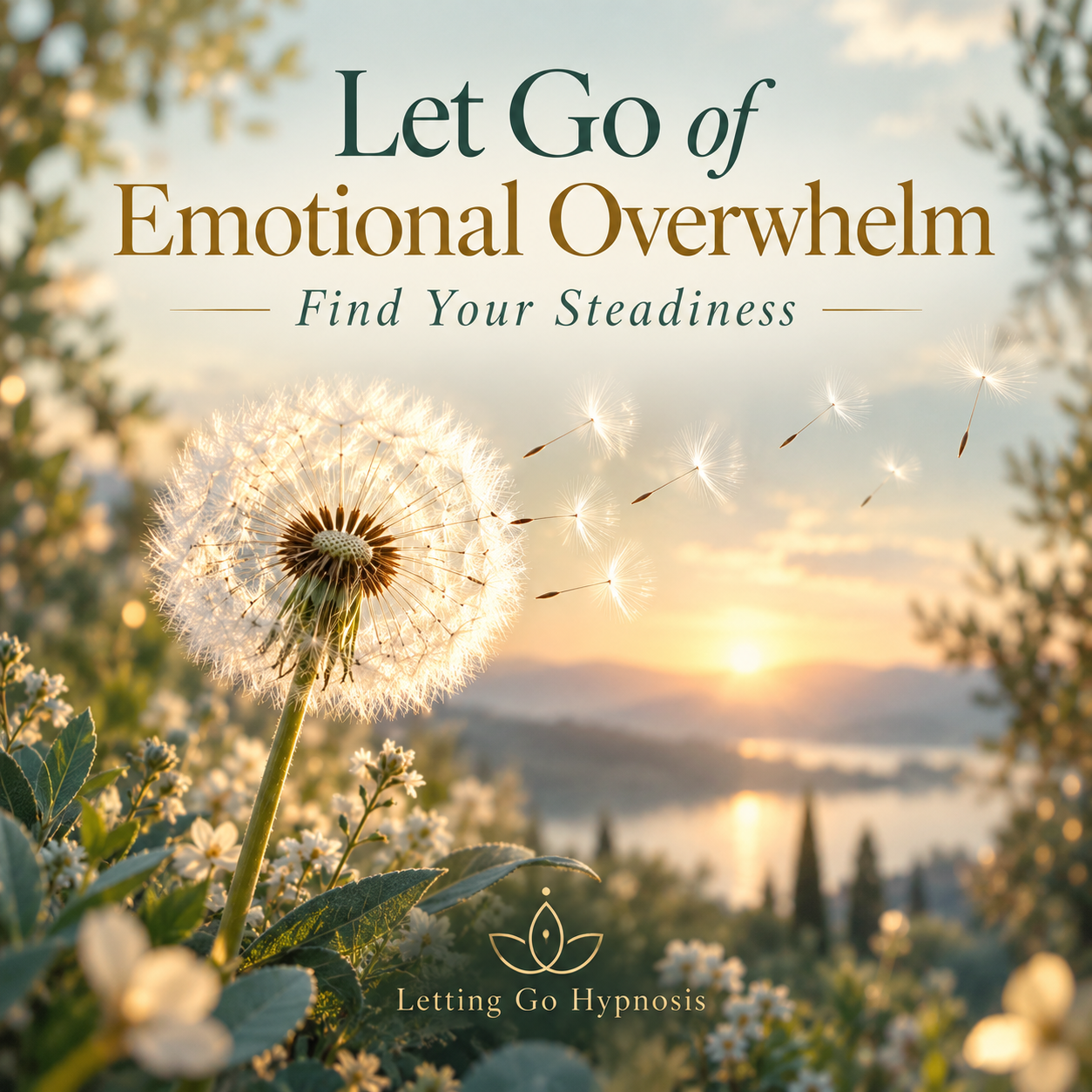 Let Go of Emotional Overwhelm and Find Your Steadiness hypnosis cover with a dandelion in a calm dawn garden
