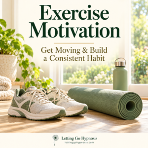 Exercise Motivation hypnosis cover showing trainers, a sage exercise mat and water bottle in morning sunlight, with subtle dandelion branding.