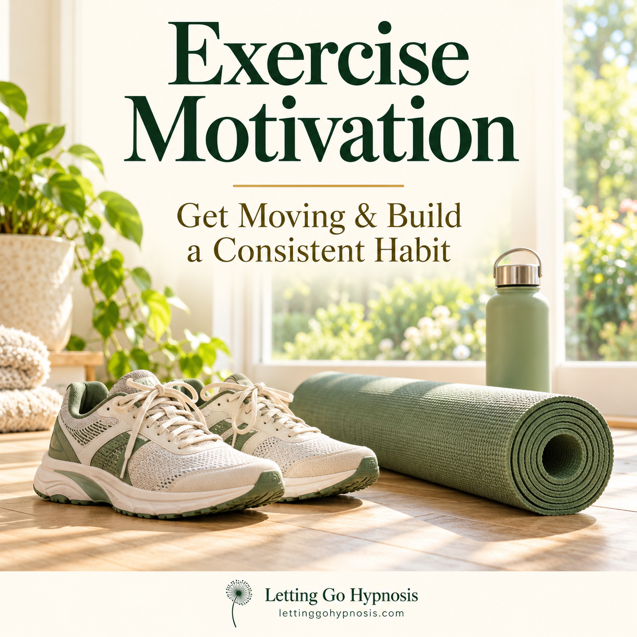 Exercise Motivation hypnosis cover showing trainers, a sage exercise mat and water bottle in morning sunlight, with subtle dandelion branding.
