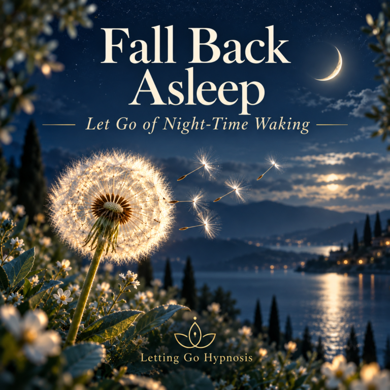 Fall Back Asleep hypnosis cover with a glowing dandelion beside a moonlit lake