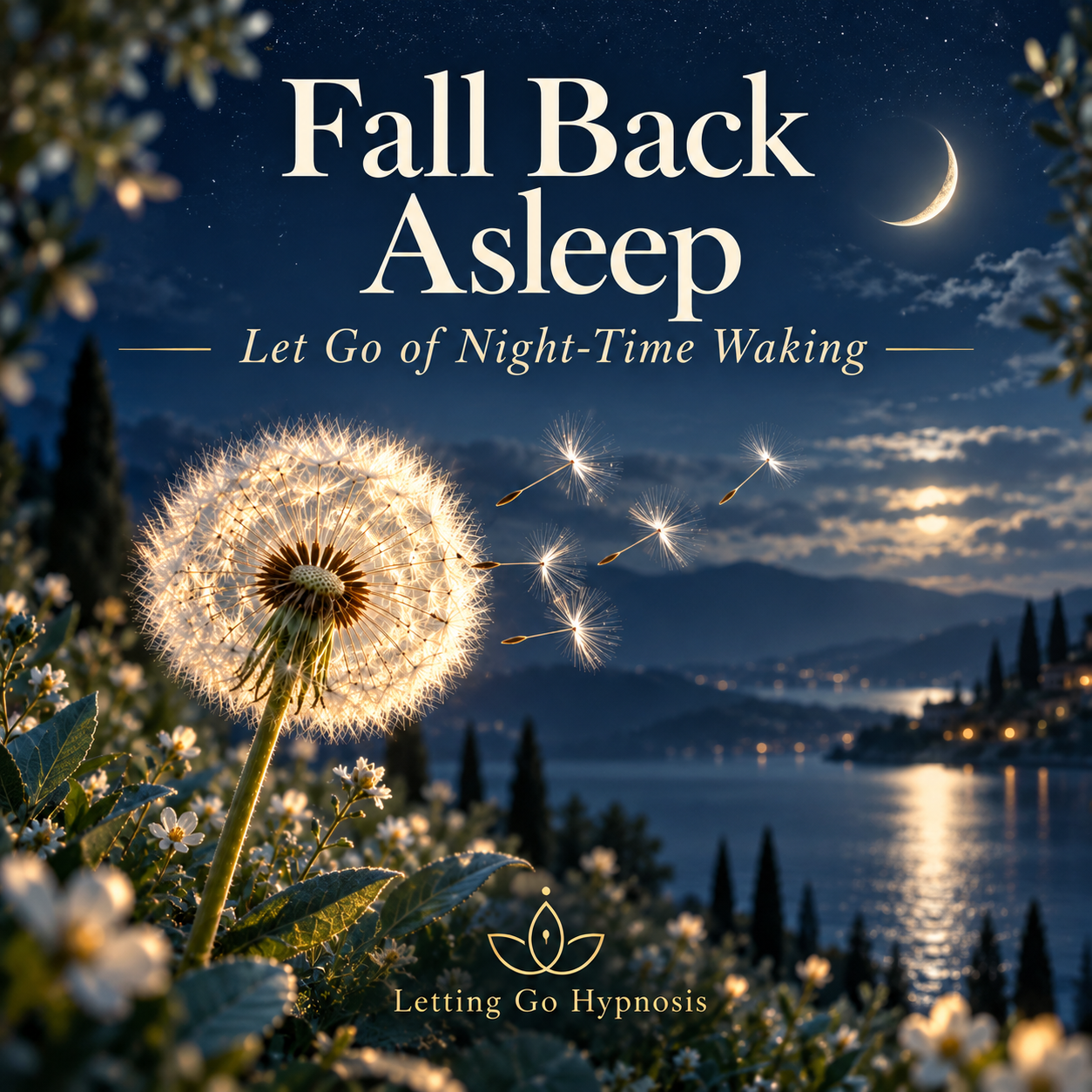 Fall Back Asleep hypnosis cover with a glowing dandelion beside a moonlit lake