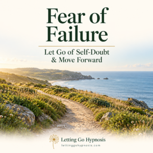 Fear of Failure hypnosis cover with a coastal walking path, open ocean horizon and subtle dandelion branding.