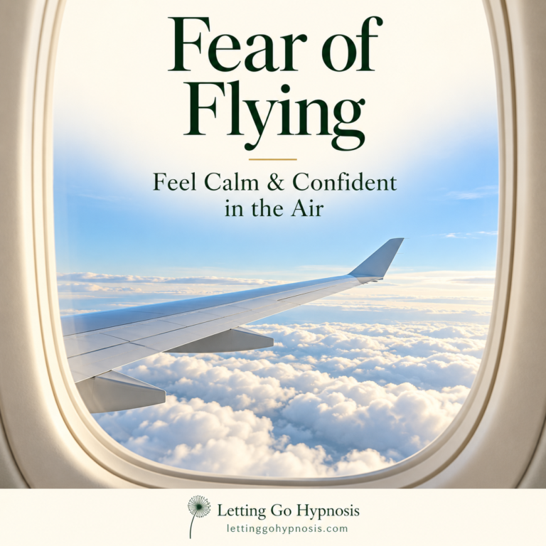 Fear of Flying hypnosis cover with a bright view of an aircraft wing above the clouds through a passenger window and subtle dandelion branding.