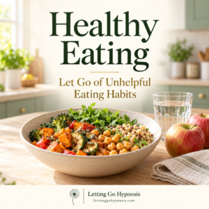 Healthy Eating hypnosis cover showing a colourful meal, fresh apples and water in a welcoming kitchen, with subtle dandelion branding.