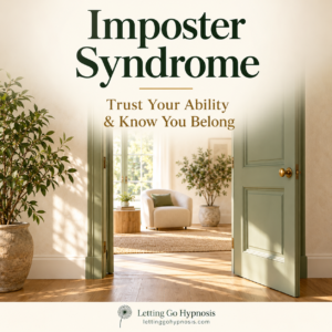 Imposter Syndrome hypnosis cover showing an open sage doorway into a welcoming sunlit room, with subtle dandelion branding.