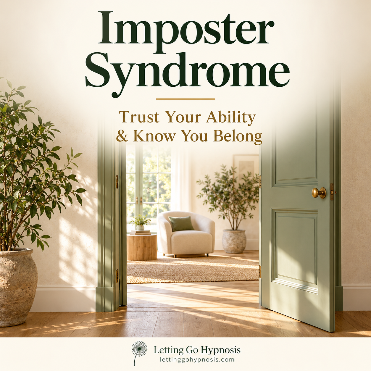Imposter Syndrome hypnosis cover showing an open sage doorway into a welcoming sunlit room, with subtle dandelion branding.