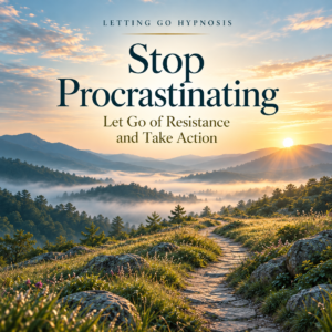 Stop Procrastinating hypnosis cover showing a sunlit path through misty hills.