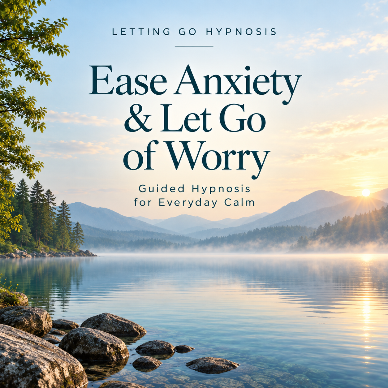 Ease Anxiety and Let Go of Worry hypnosis cover showing a peaceful mountain lake at dawn.
