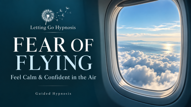 Fear of Flying hypnosis cover with the Letting Go Hypnosis dandelion logo and an aircraft window looking out over clouds.