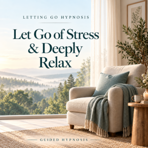 Let Go of Stress and Deeply Relax hypnosis cover showing a cream armchair beside a peaceful forest-view window.