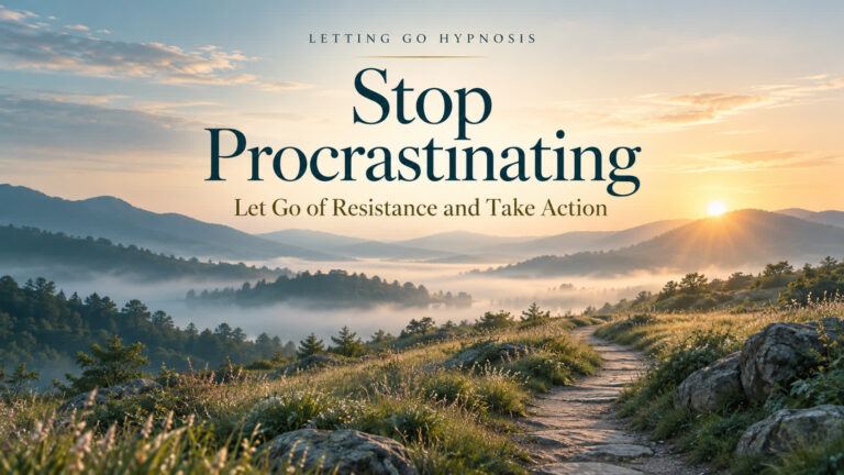Stop Procrastinating — Let Go of Resistance and Take Action, with Letting Go Hypnosis branding over a peaceful dawn landscape.