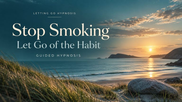 Stop Smoking — Let Go of the Habit hypnosis cover with coastal dunes, a smooth stone and a calm sea at sunset.