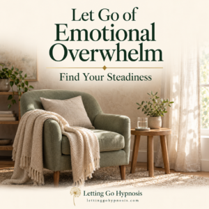 Let Go of Emotional Overwhelm hypnosis cover showing a sage armchair, cream blanket and soft daylight in a peaceful room, with subtle dandelion branding.