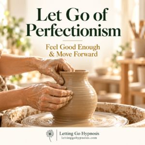Let Go of Perfectionism hypnosis cover showing hands shaping a clay vase on a potter’s wheel, with subtle dandelion branding.