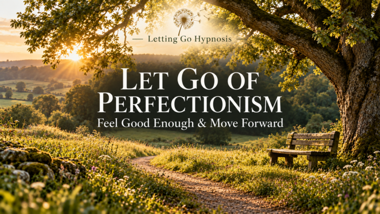 A golden country path and bench beneath a tree, with Letting Go Hypnosis dandelion branding and the title Let Go of Perfectionism.