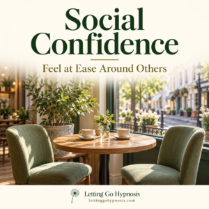 Social Confidence hypnosis cover showing a welcoming café table for two with sage chairs and subtle dandelion branding.