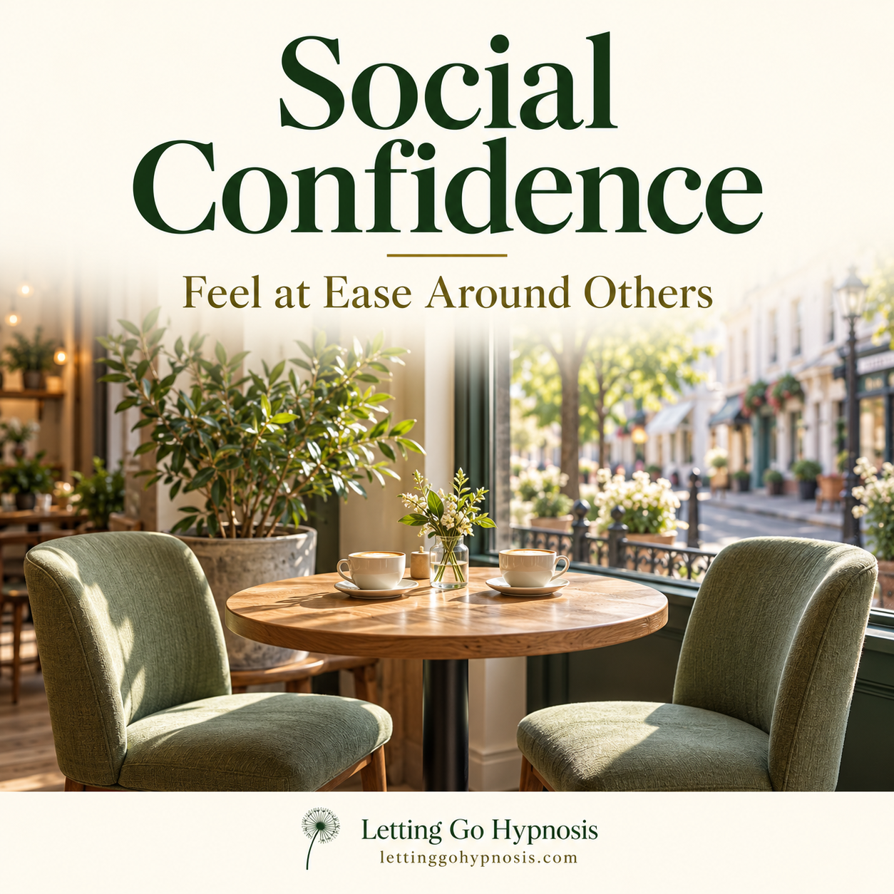 Social Confidence hypnosis cover showing a welcoming café table for two with sage chairs and subtle dandelion branding.