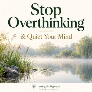 Stop Overthinking and Quiet Your Mind hypnosis cover showing still water and morning mist with subtle dandelion branding.