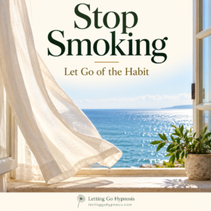 Stop Smoking — Let Go of the Habit. An open seaside window with a soft linen curtain, calm blue sea and subtle Letting Go Hypnosis dandelion branding.