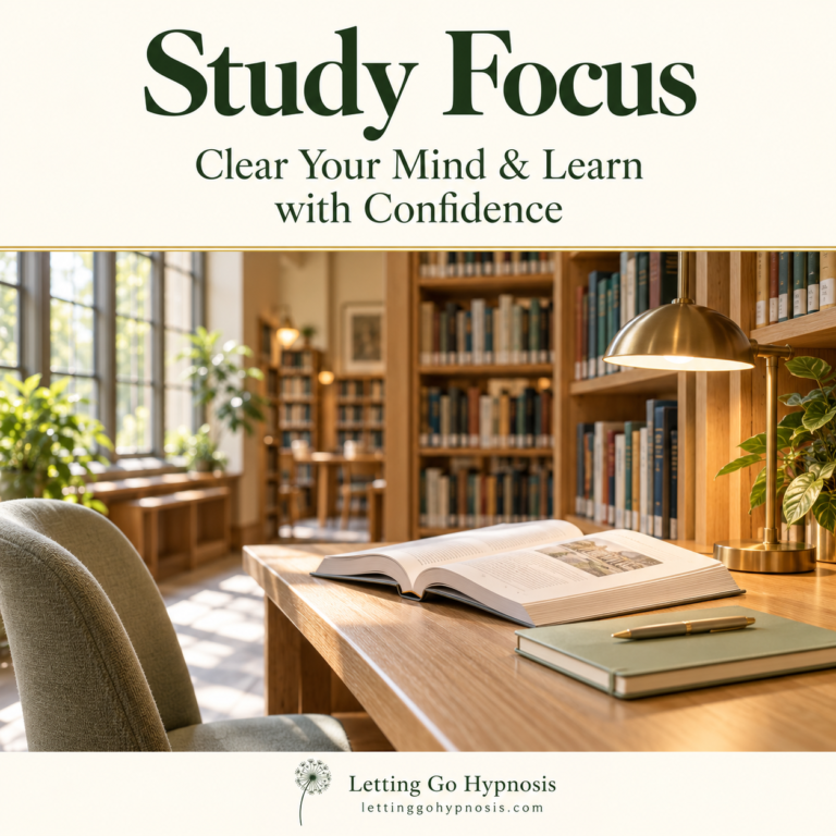 Study Focus — Clear Your Mind & Learn with Confidence. A peaceful library study desk with an open book, notebook and reading lamp, with subtle Letting Go Hypnosis dandelion branding.
