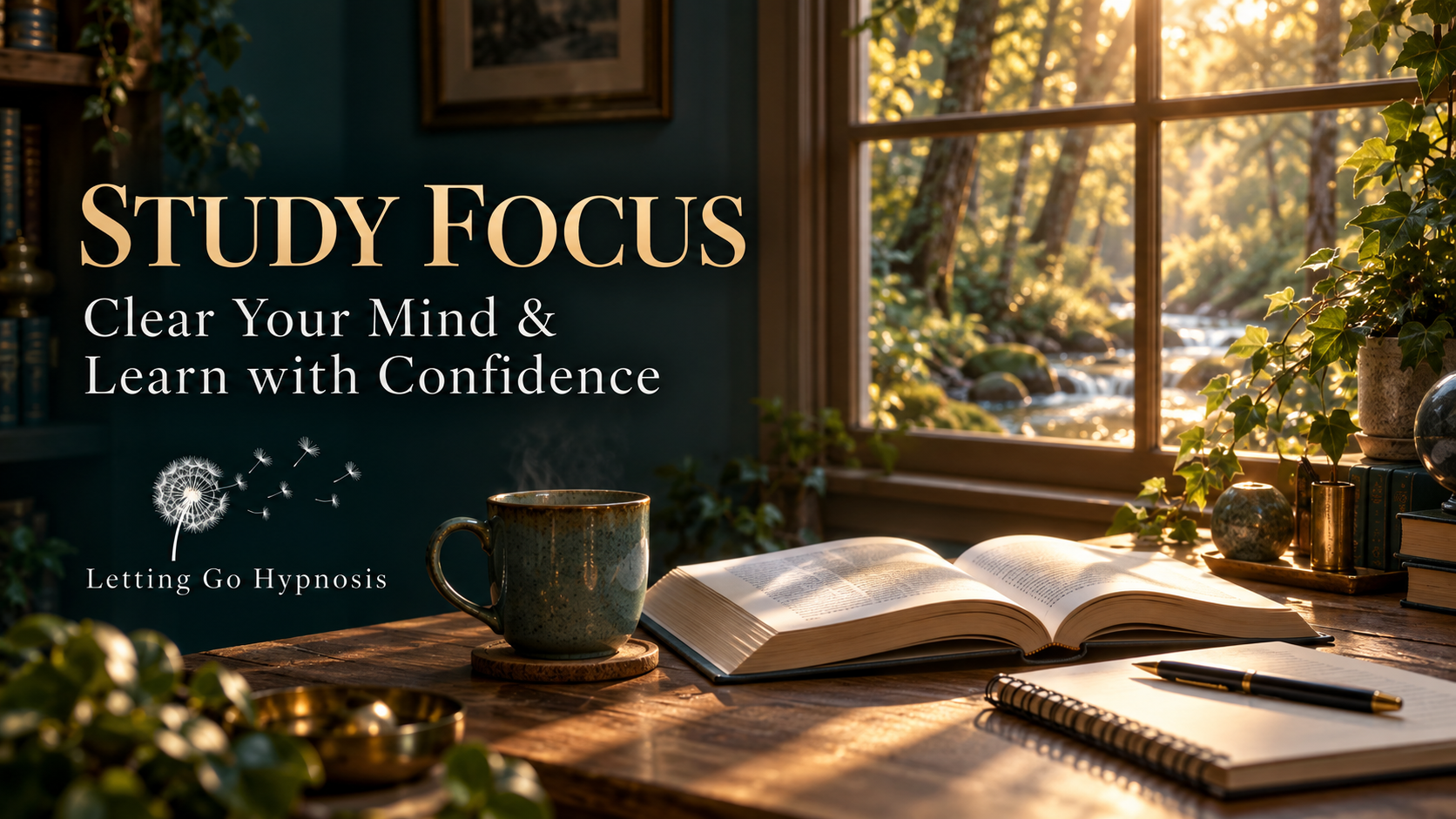 Study Focus — Clear Your Mind and Learn with Confidence, with an open book beside a peaceful woodland window.