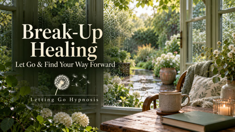 Break-Up Healing hypnosis cover with a peaceful conservatory garden after rain and the Letting Go Hypnosis dandelion logo.