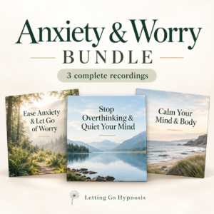 Anxiety and Worry hypnosis bundle featuring three recording covers with woodland, lake and coastal scenery.