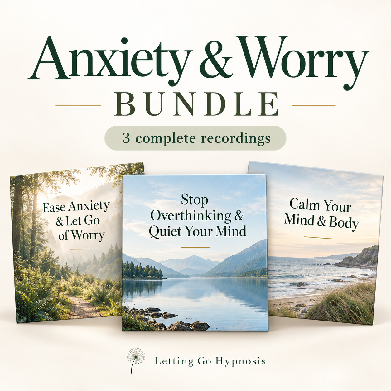 Anxiety and Worry hypnosis bundle featuring three recording covers with woodland, lake and coastal scenery.