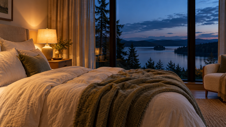 A peaceful bedroom with soft linen, warm lamplight and a view across a lake at dusk.
