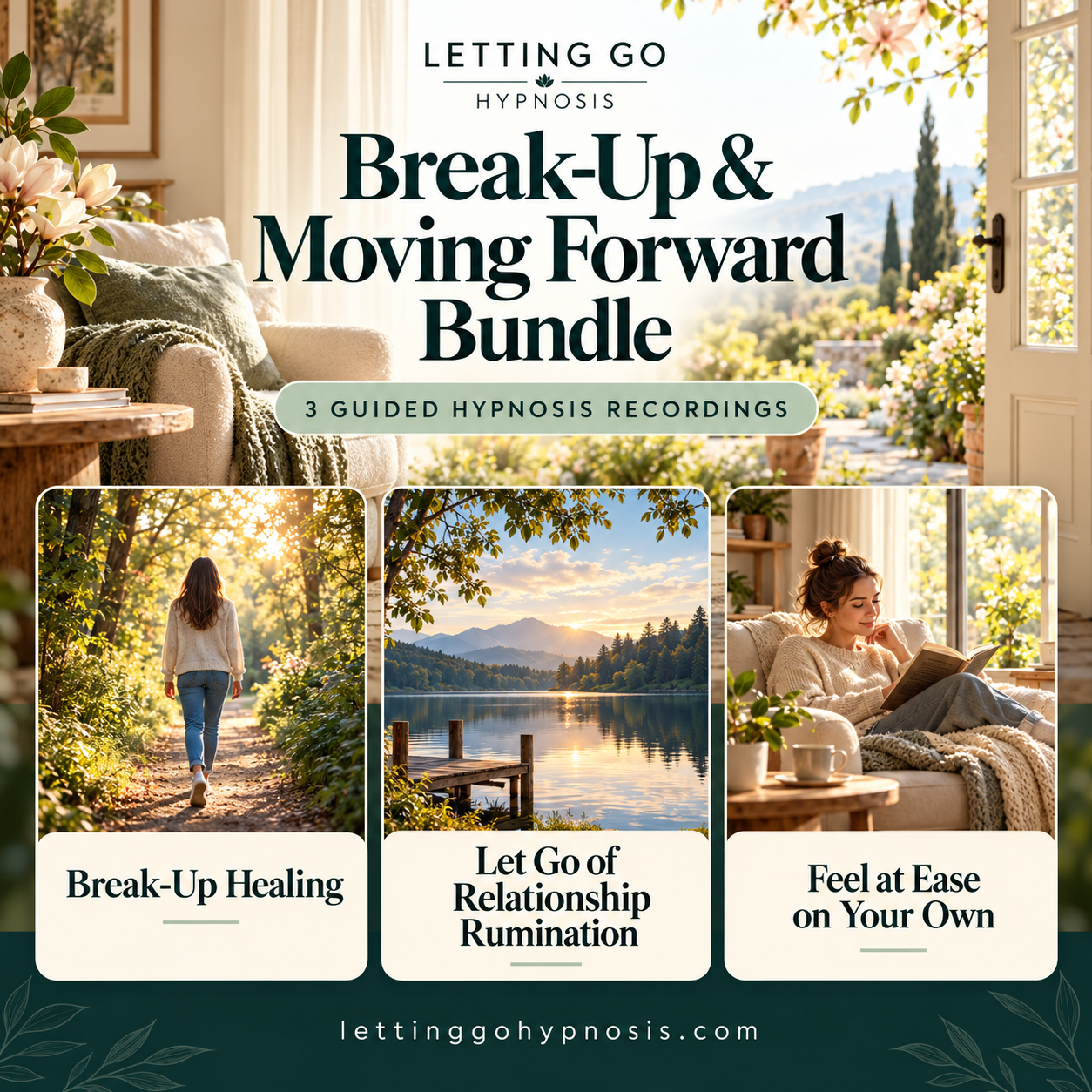 Break-Up & Moving Forward Bundle showing Break-Up Healing, Let Go of Relationship Rumination, and Feel at Ease on Your Own.