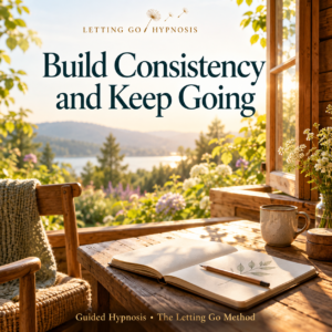 Build Consistency and Keep Going guided hypnosis cover, with a leaf sketchbook in a sunlit garden cabin.