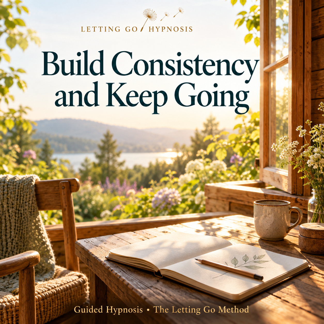 Build Consistency and Keep Going guided hypnosis cover, with a leaf sketchbook in a sunlit garden cabin.