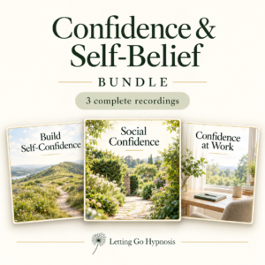 Confidence and Self-Belief bundle featuring Build Self-Confidence, Social Confidence and Confidence at Work covers with hillside, garden and bright workspace scenery.