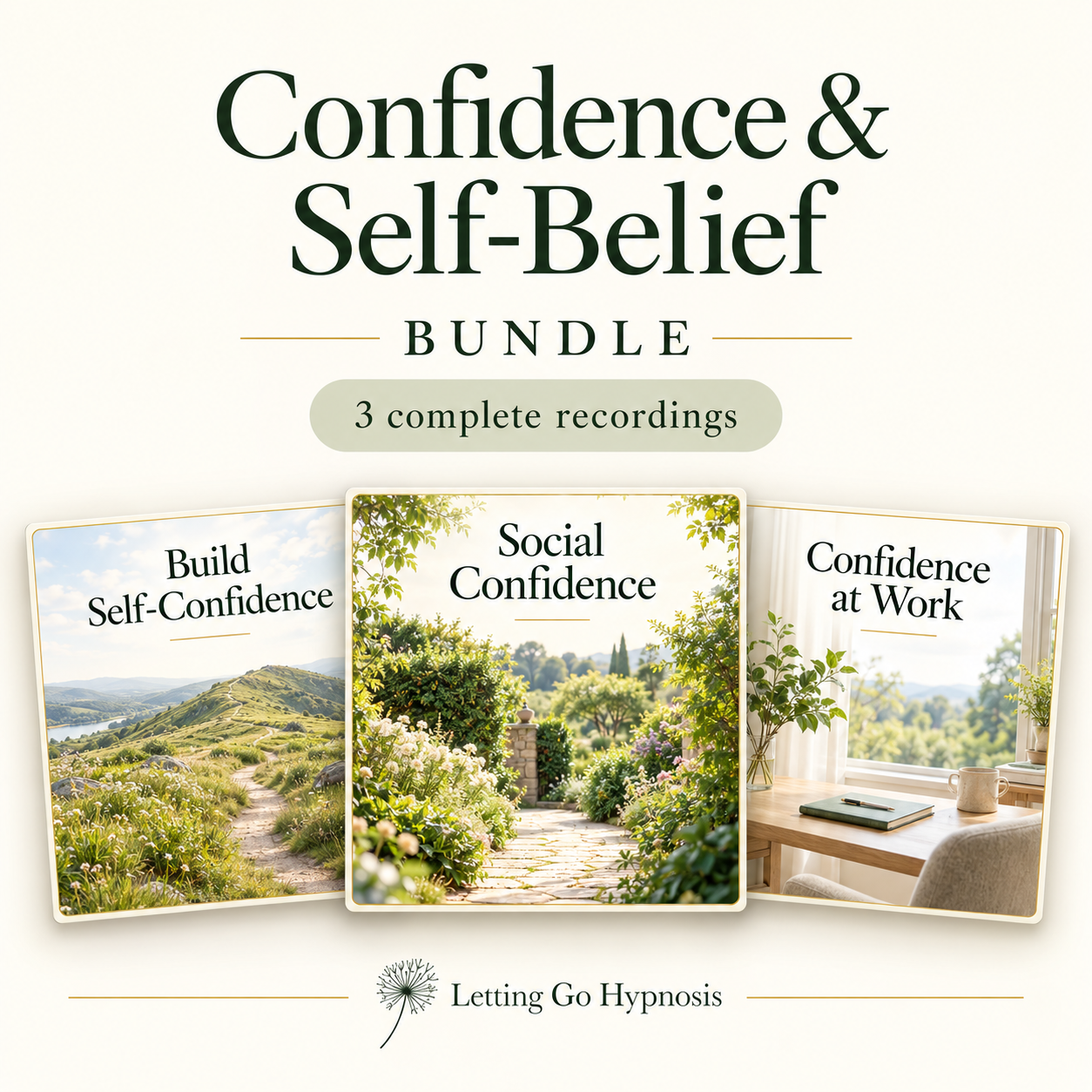 Confidence and Self-Belief bundle featuring Build Self-Confidence, Social Confidence and Confidence at Work covers with hillside, garden and bright workspace scenery.