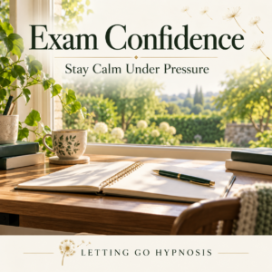 Exam Confidence — Stay Calm Under Pressure, with a peaceful sunlit study desk