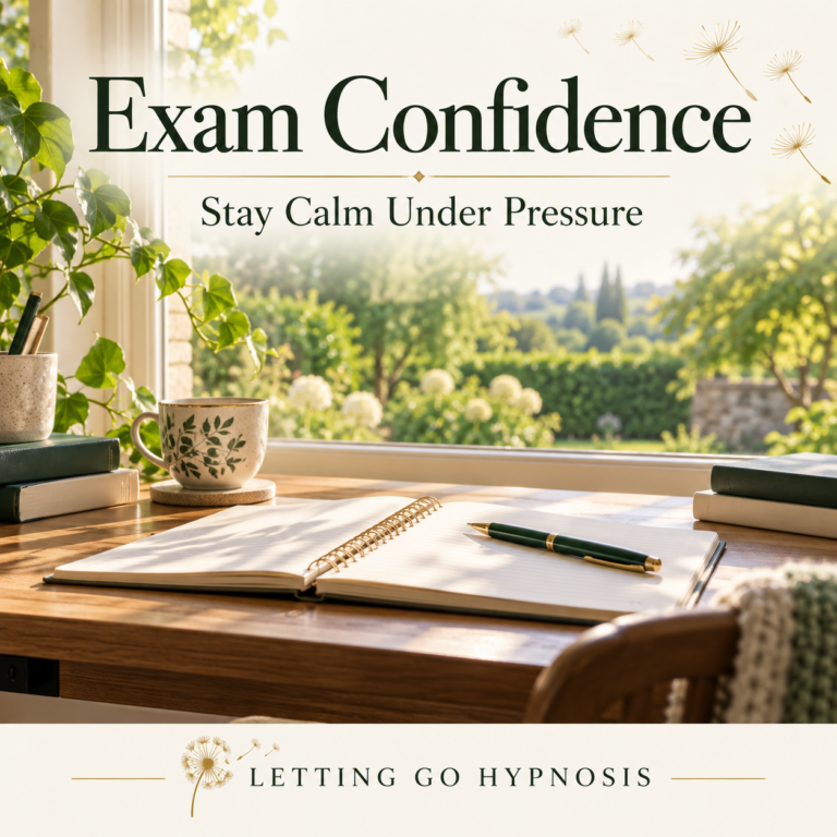Exam Confidence — Stay Calm Under Pressure, with a peaceful sunlit study desk