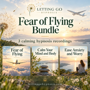 Fear of Flying bundle artwork featuring Fear of Flying, Calm Your Mind and Body, and Ease Anxiety and Worry, with dandelions and a peaceful sunset landscape.