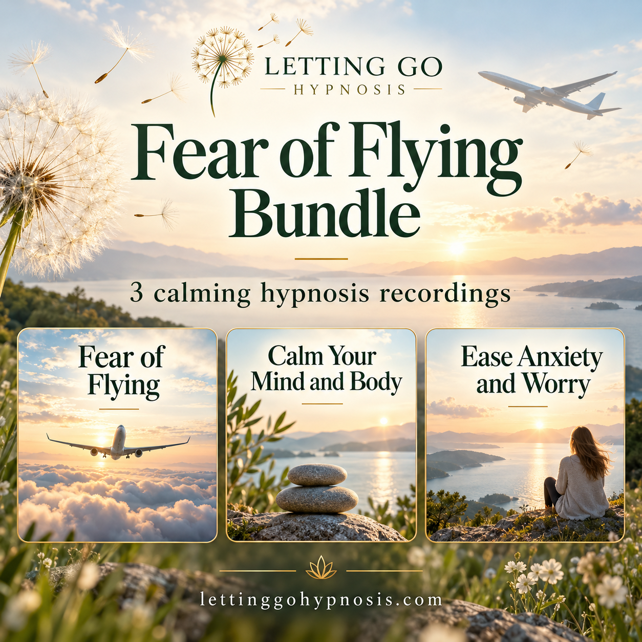 Fear of Flying bundle artwork featuring Fear of Flying, Calm Your Mind and Body, and Ease Anxiety and Worry, with dandelions and a peaceful sunset landscape.