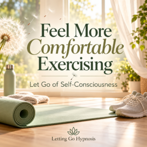 Feel More Comfortable Exercising hypnosis cover with a sage exercise mat, trainers and warm sunlight.